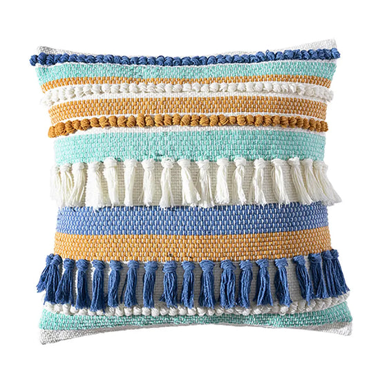 Cecilia Woven Striped Tasseled Pillow in Blue